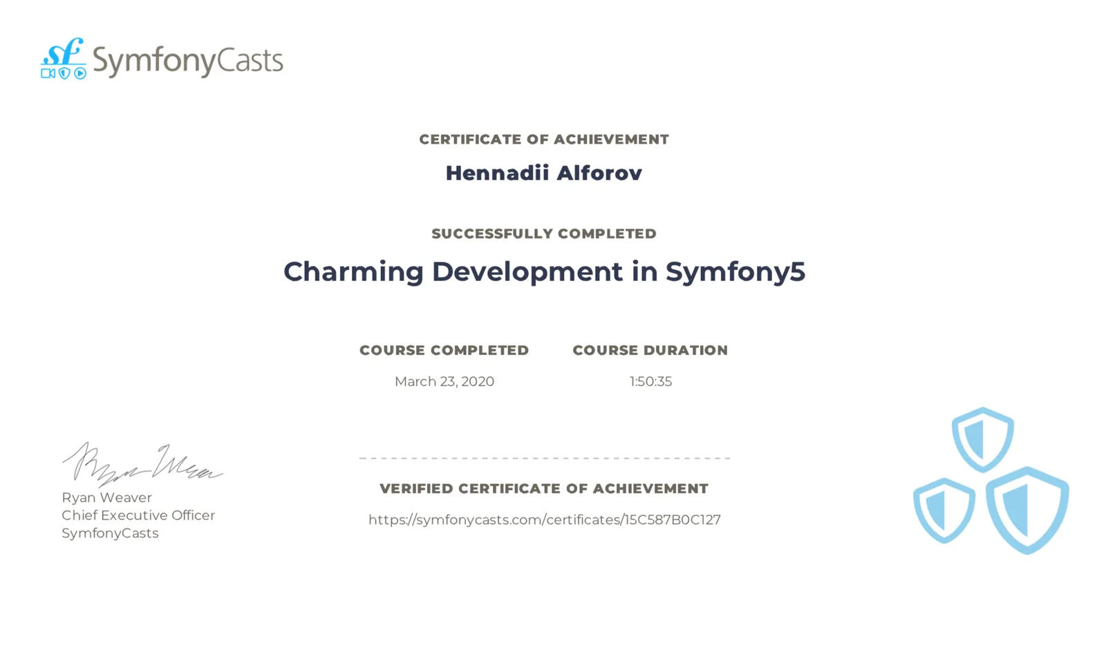 SymfonyCasts certificate, Charming Development in Symfony 5, 2020