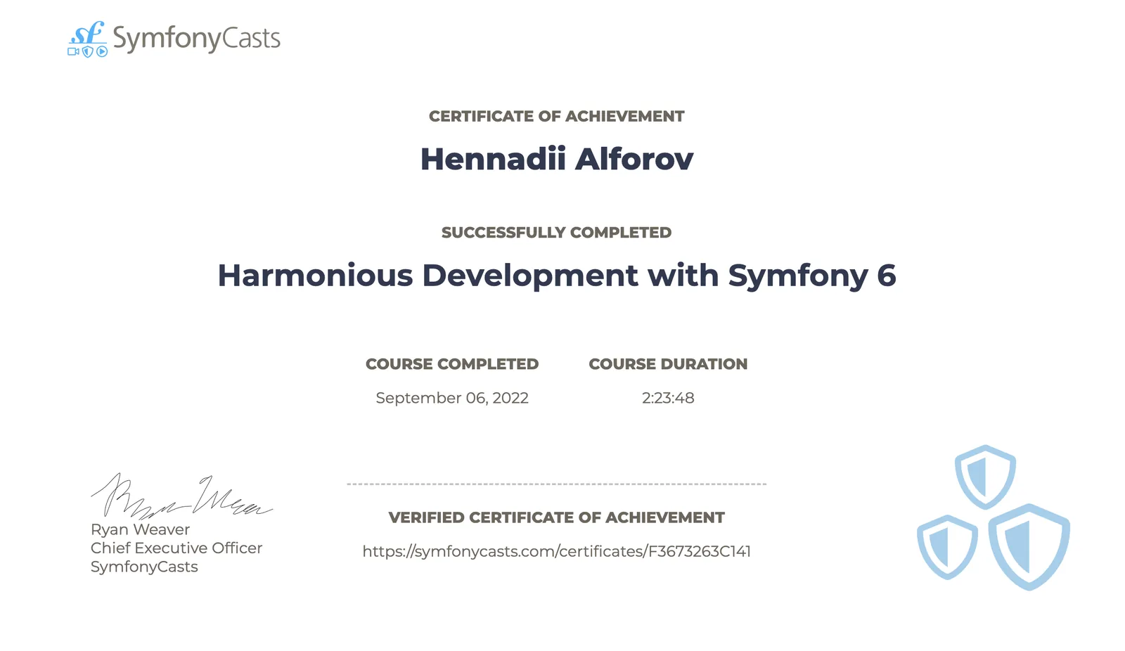SymfonyCasts certificate, Harmonious Development with Symfony 6, 2022
