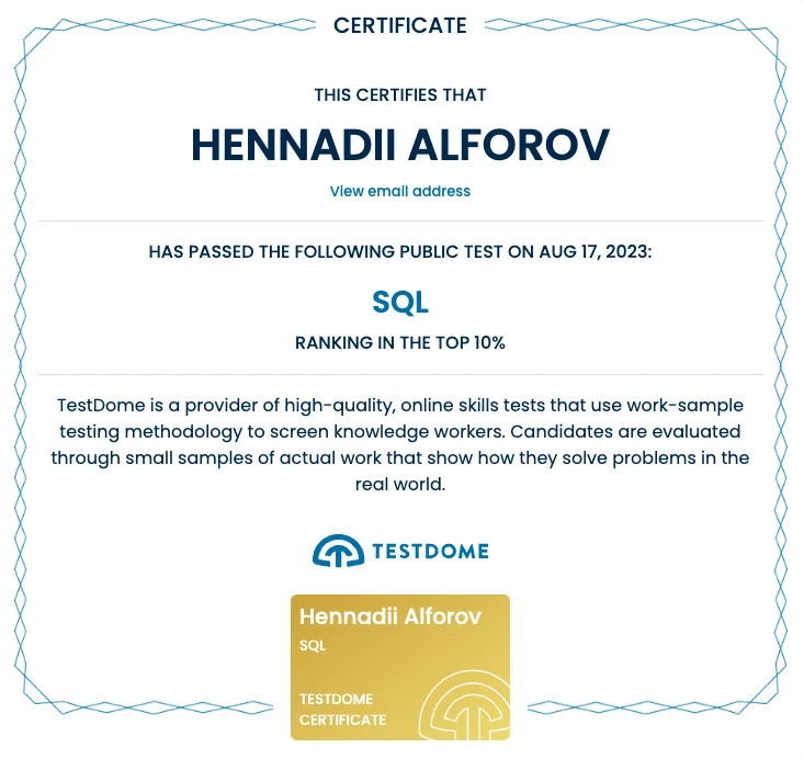 TestDome SQL certificate, top 10%, 2023