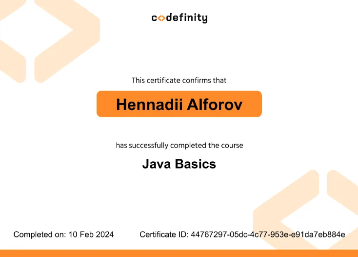 Java Basics course certificate, Codefinity, 2024