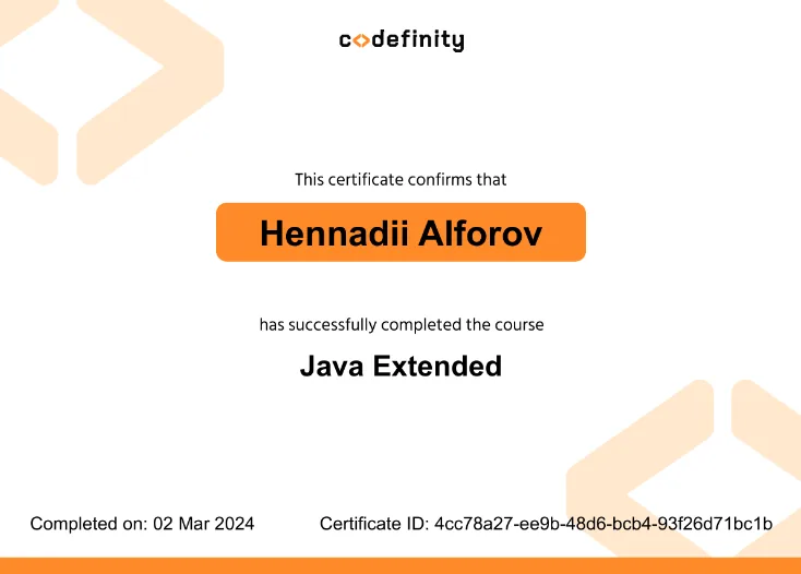 Java Extended course certificate, Codefinity, 2024